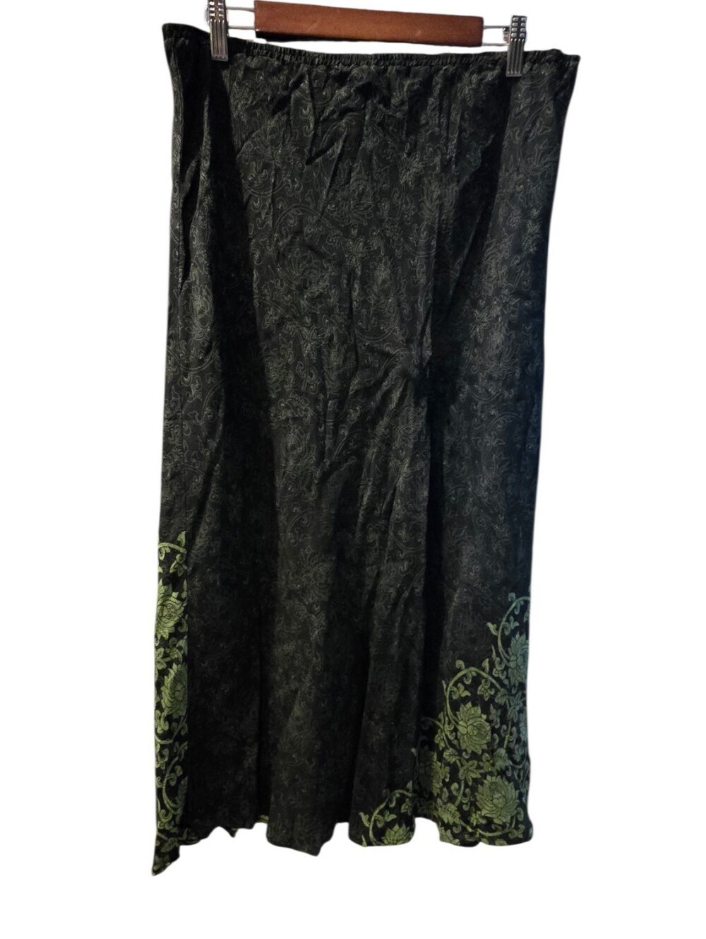 Vintage 90s Citron Santa Monica 100% Silk Floral Maxi Skirt Black Lime Green XL - Picture 9 of 14